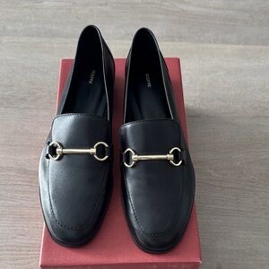 Anthropologie Black Leather Loafers with Gold Horsebit
